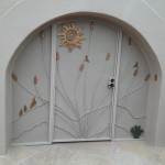 arched enclosure door with white and gold screen image